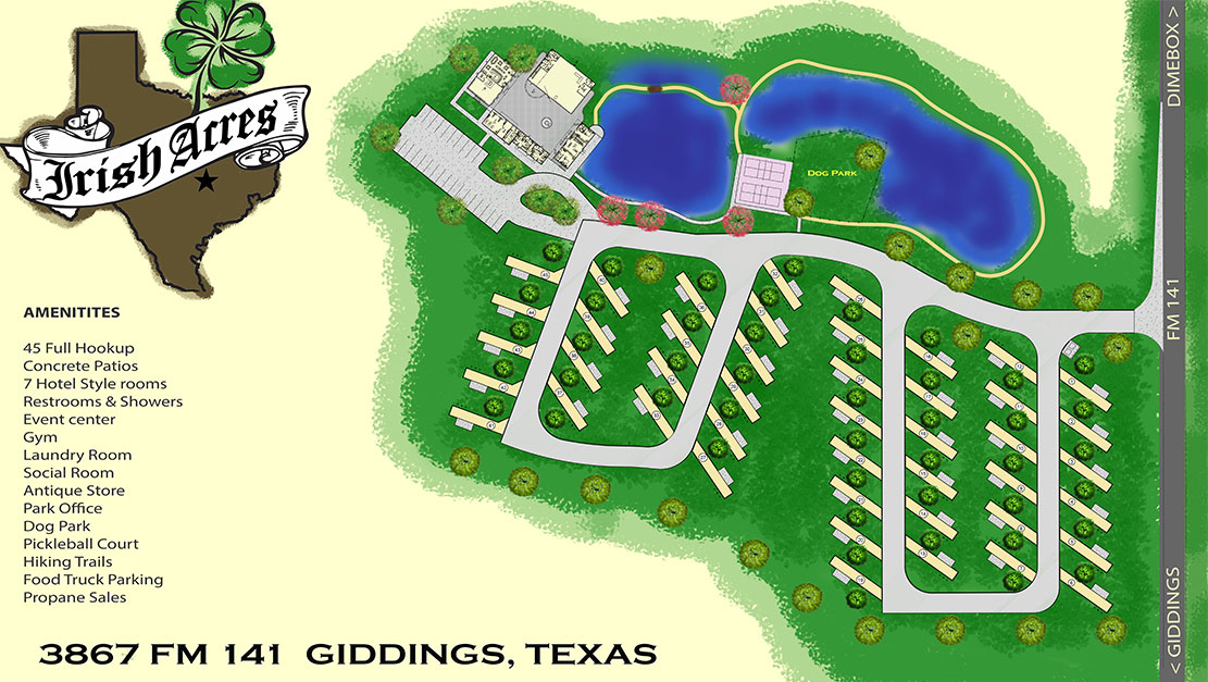 Site map and amenities layout for Irish Acres RV Ranch in Giddings, Texas